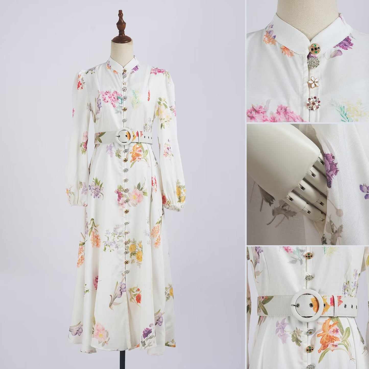 Long Sleeved Printed Cotton Linen Dress