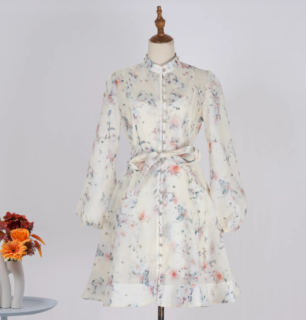 Flower Print Trend Bead Heavy Buttons Short Dress