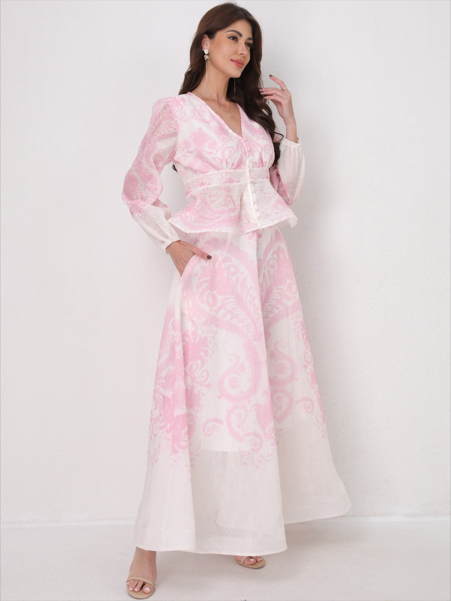 V-Neck Beaded Ruffle Top Midi Skirt Set
