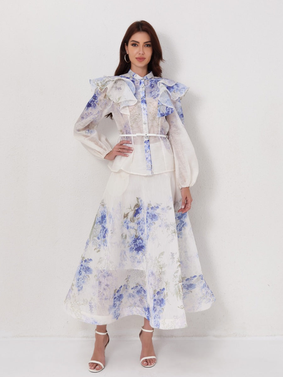 Ruffled Lantern Sleeve Blouse High-Waist Maxi Skirt Set