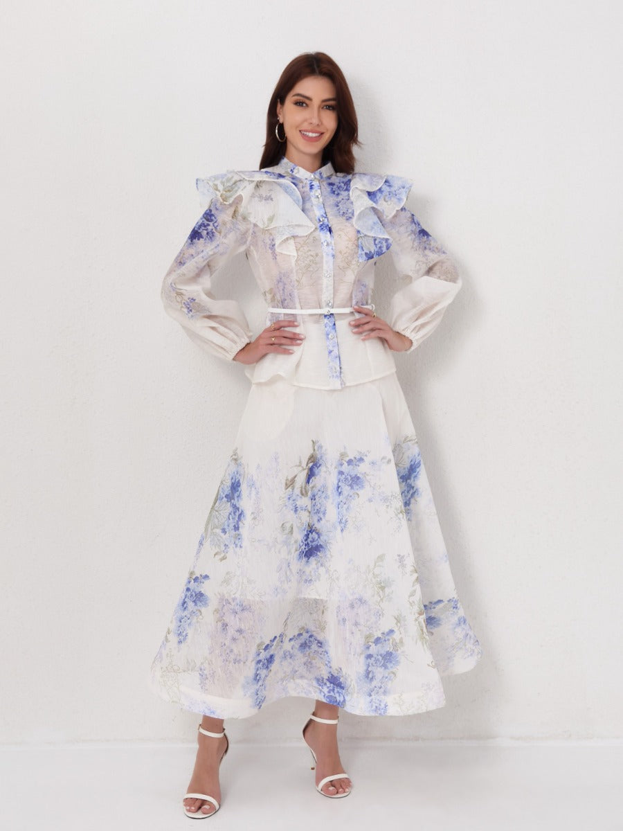 Ruffled Lantern Sleeve Blouse High-Waist Maxi Skirt Set