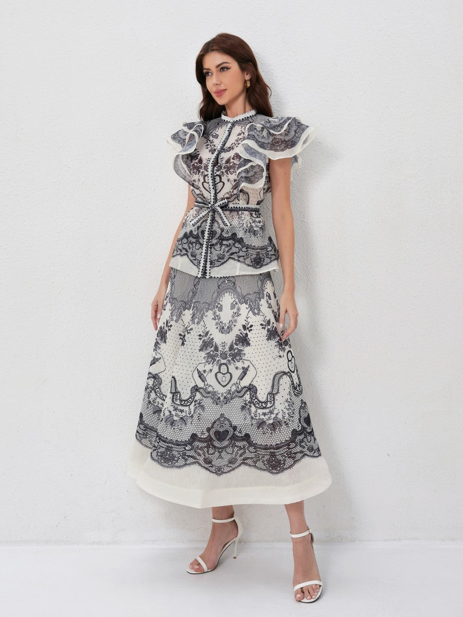 Ruffled Printed Shirt High Waist Skirt Set