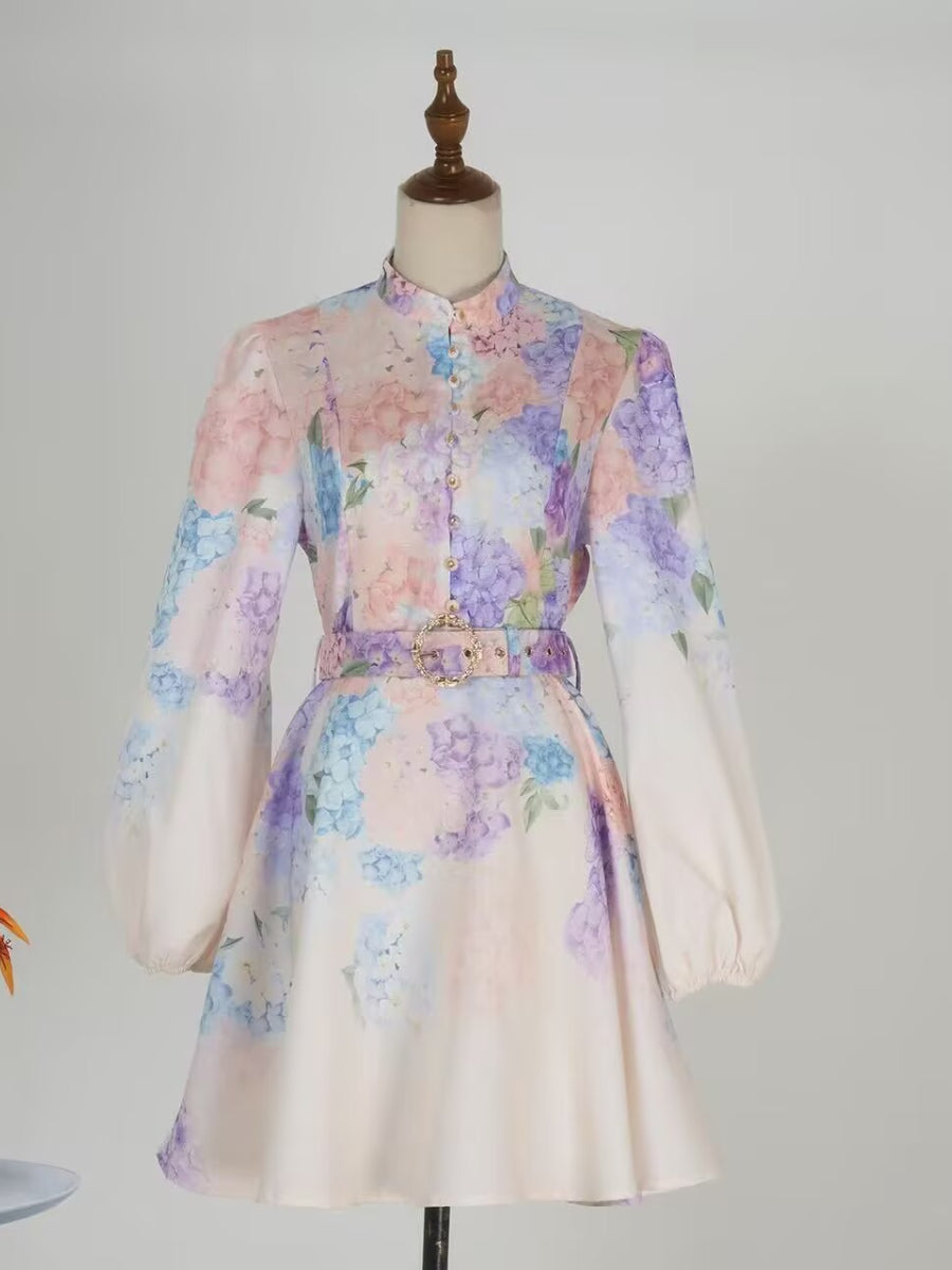 Stand Up Collar Lantern Sleeve Floral Print Dress