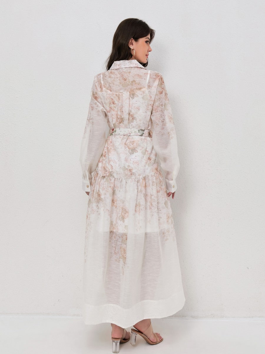 Classic Collared Long Sleeve Belted Print Dresses