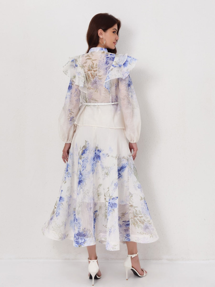 Ruffled Lantern Sleeve Blouse High-Waist Maxi Skirt Set