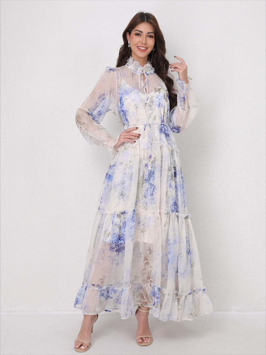 Tie-Waist Long Sleeve Flowy Maxi Dress