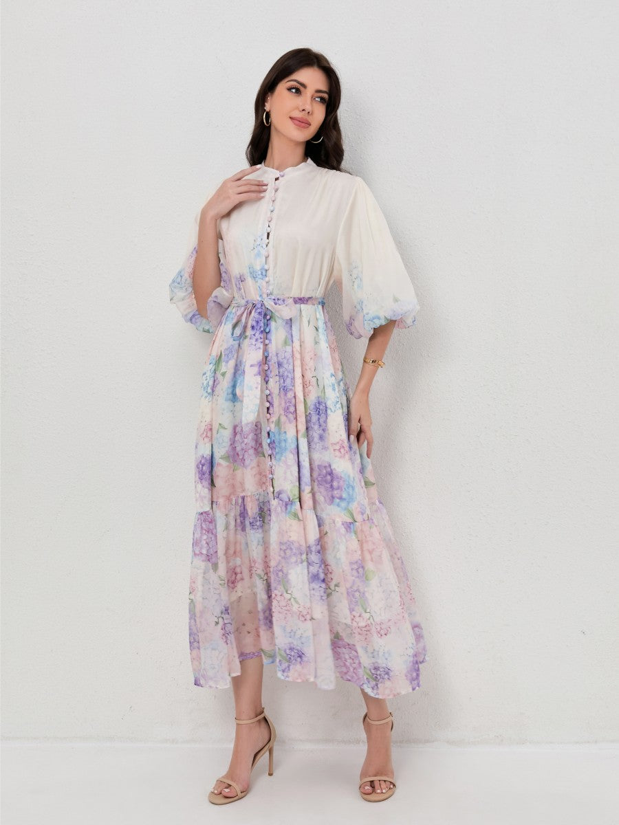 Slimming Puff Short Sleeve Print Dress