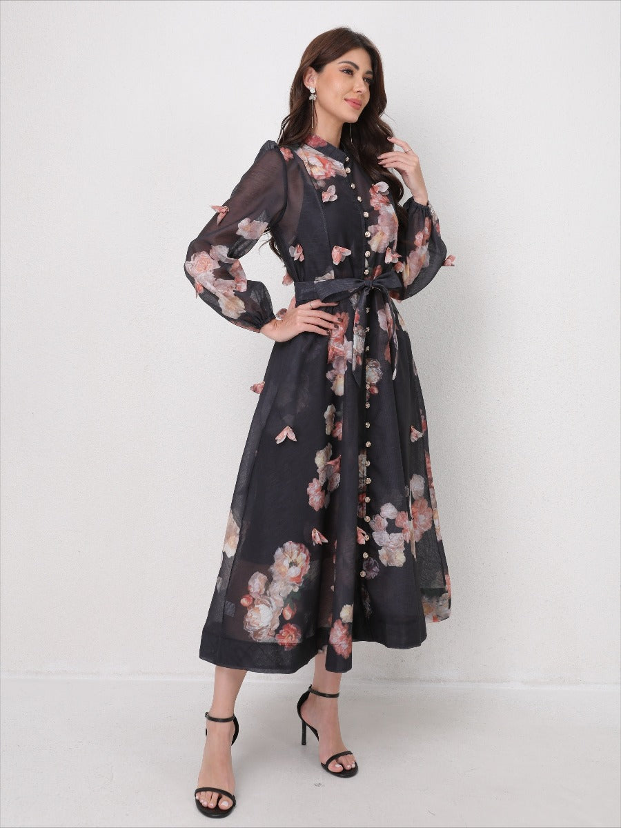 Single Breasted Long Sleeve Florals Maxi Dress