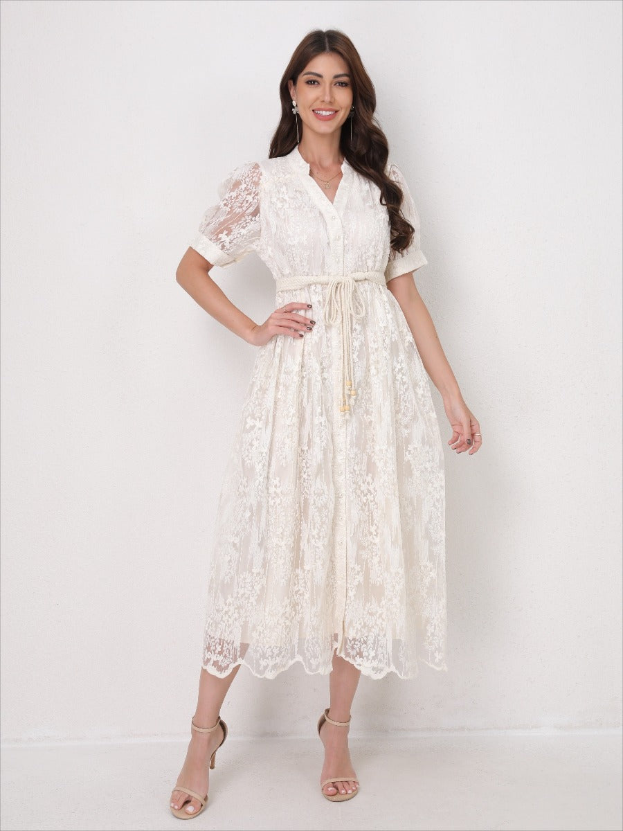 Summer Elegant V Neck Embroidery Dress