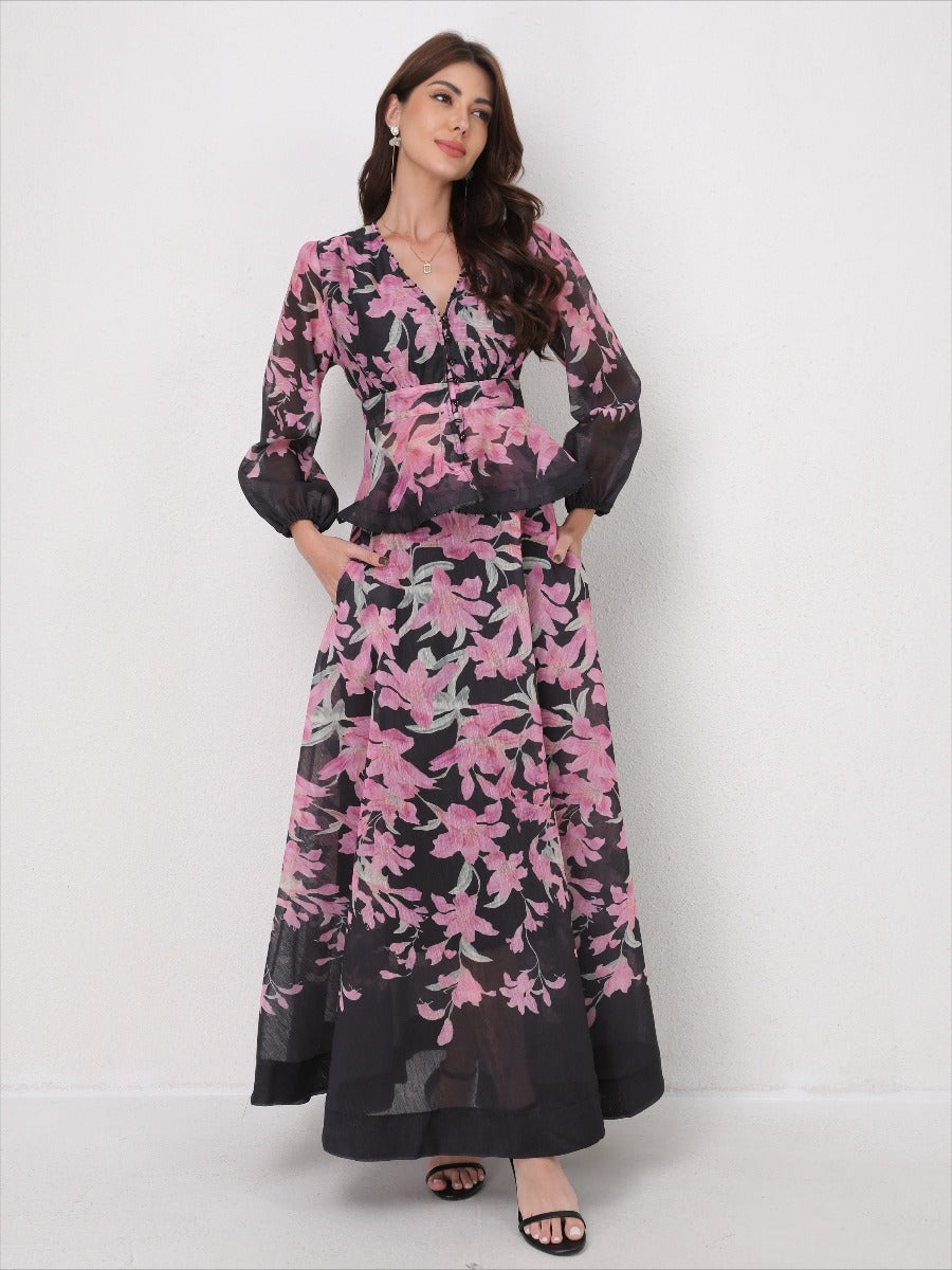 V-Neck Beaded Ruffle Top Midi Skirt Set