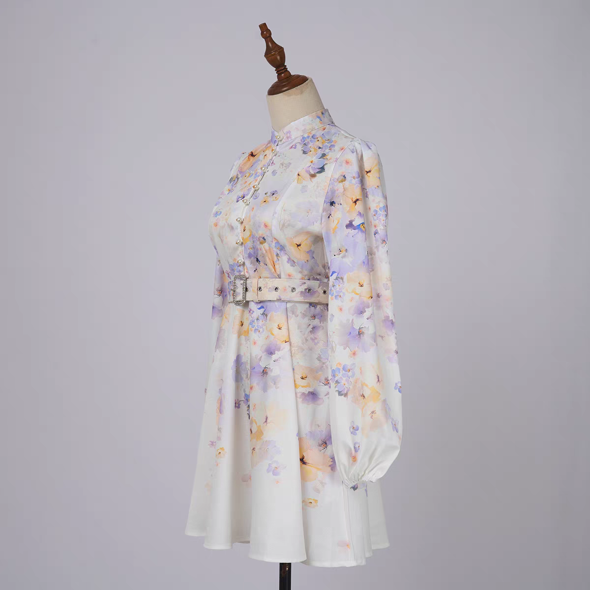 Lilac Flower Print Pearl Button Dress