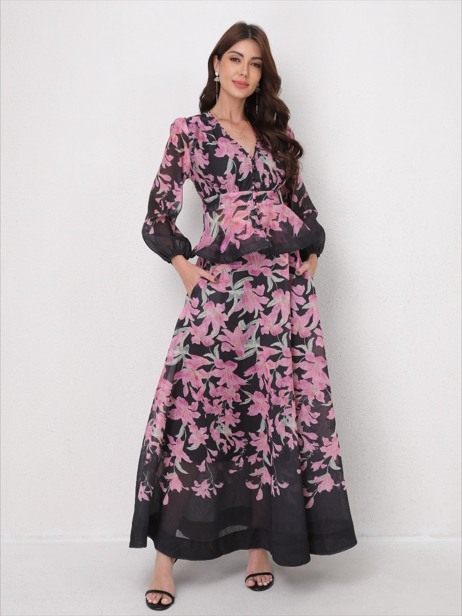 V-Neck Beaded Ruffle Top Midi Skirt Set