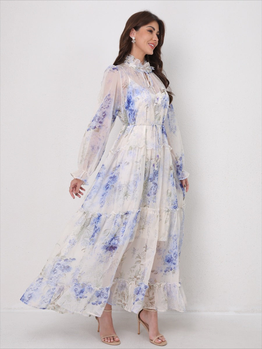 Tie-Waist Long Sleeve Flowy Maxi Dress