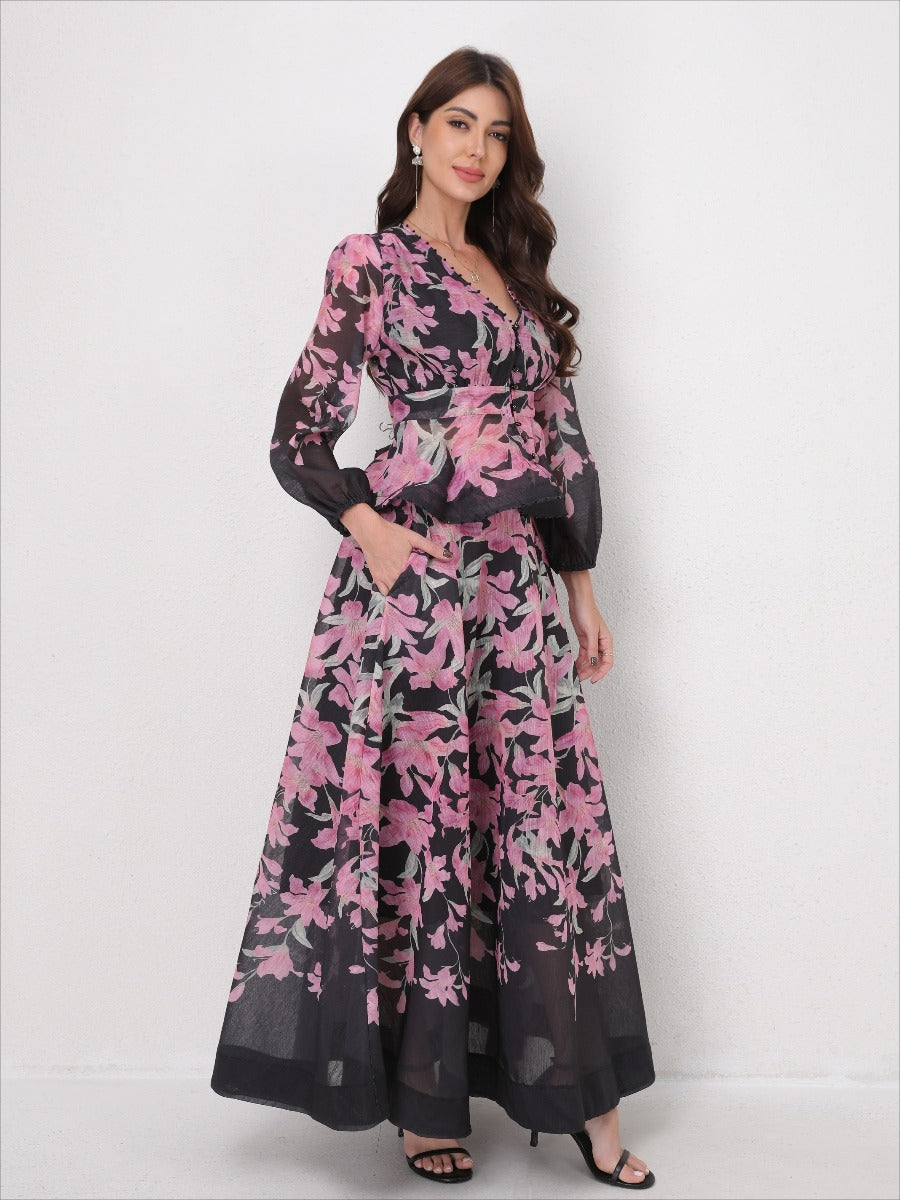 V-Neck Beaded Ruffle Top Midi Skirt Set