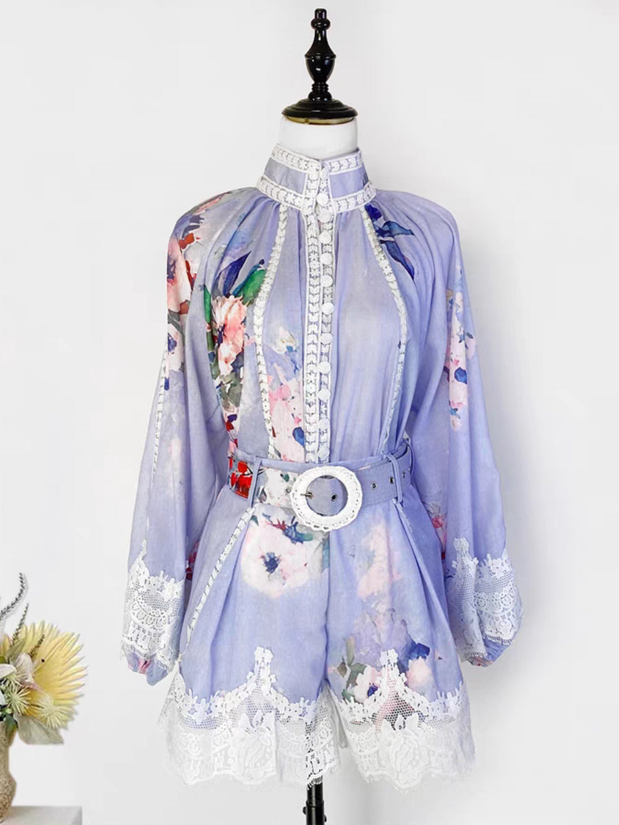Lace Print Single-Breasted Shirt + Shorts Set