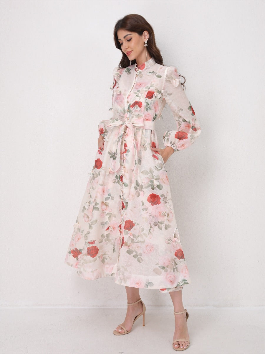 Single Breasted Long Sleeve Florals Maxi Dress