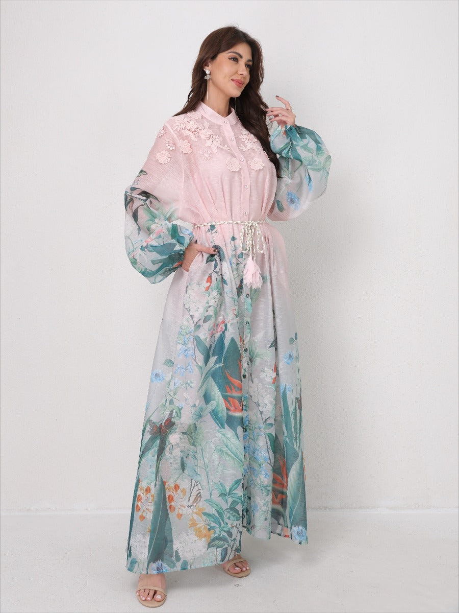 Flared Tie-Waist Print Maxi Dress