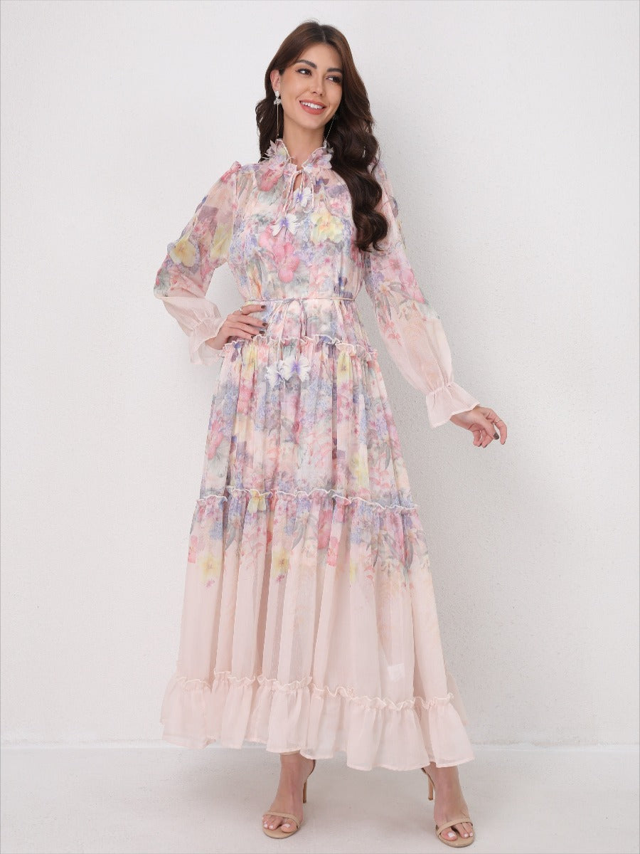 Tie-Waist Long Sleeve Flowy Maxi Dress