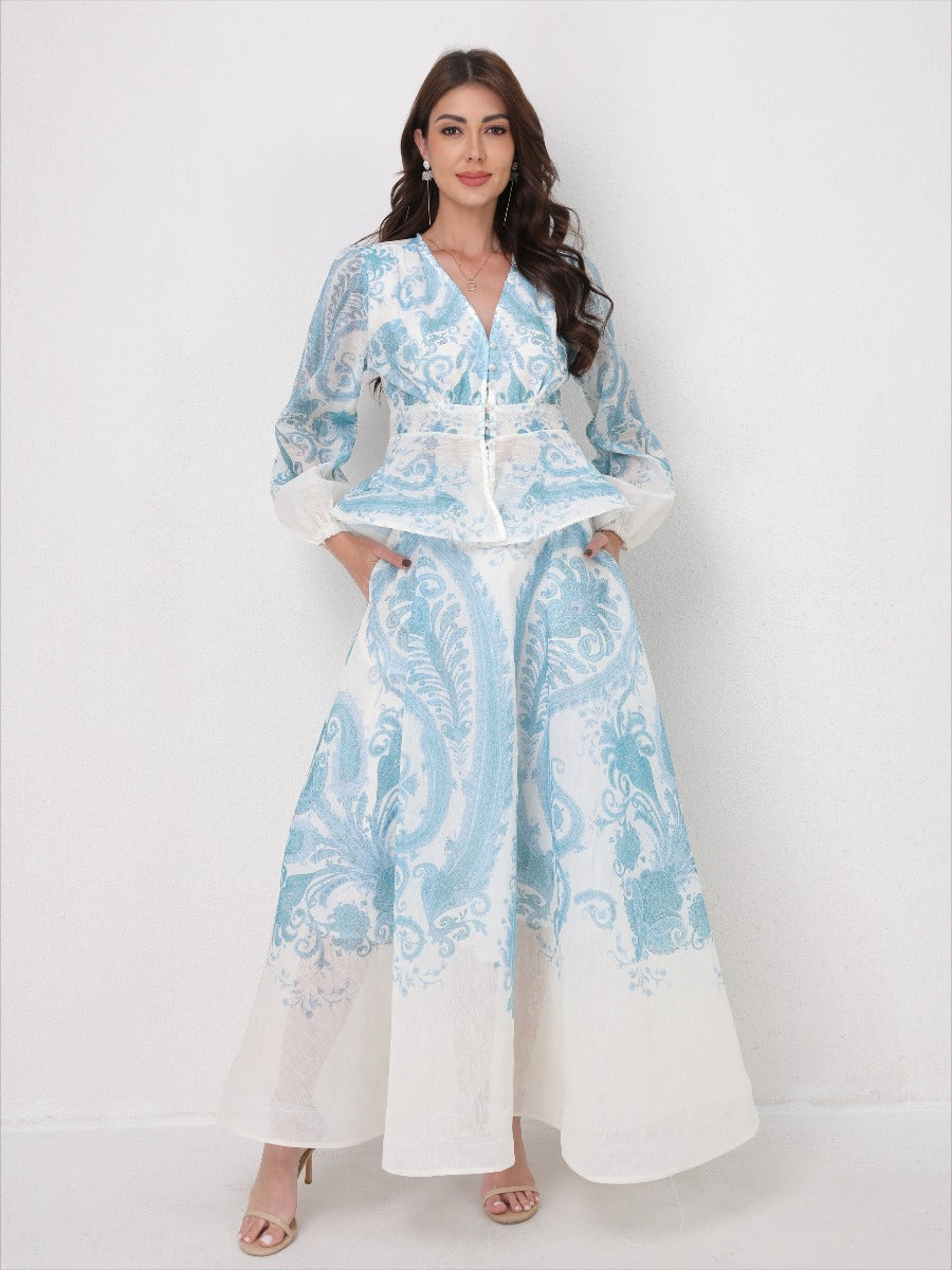 V-Neck Beaded Ruffle Top Midi Skirt Set