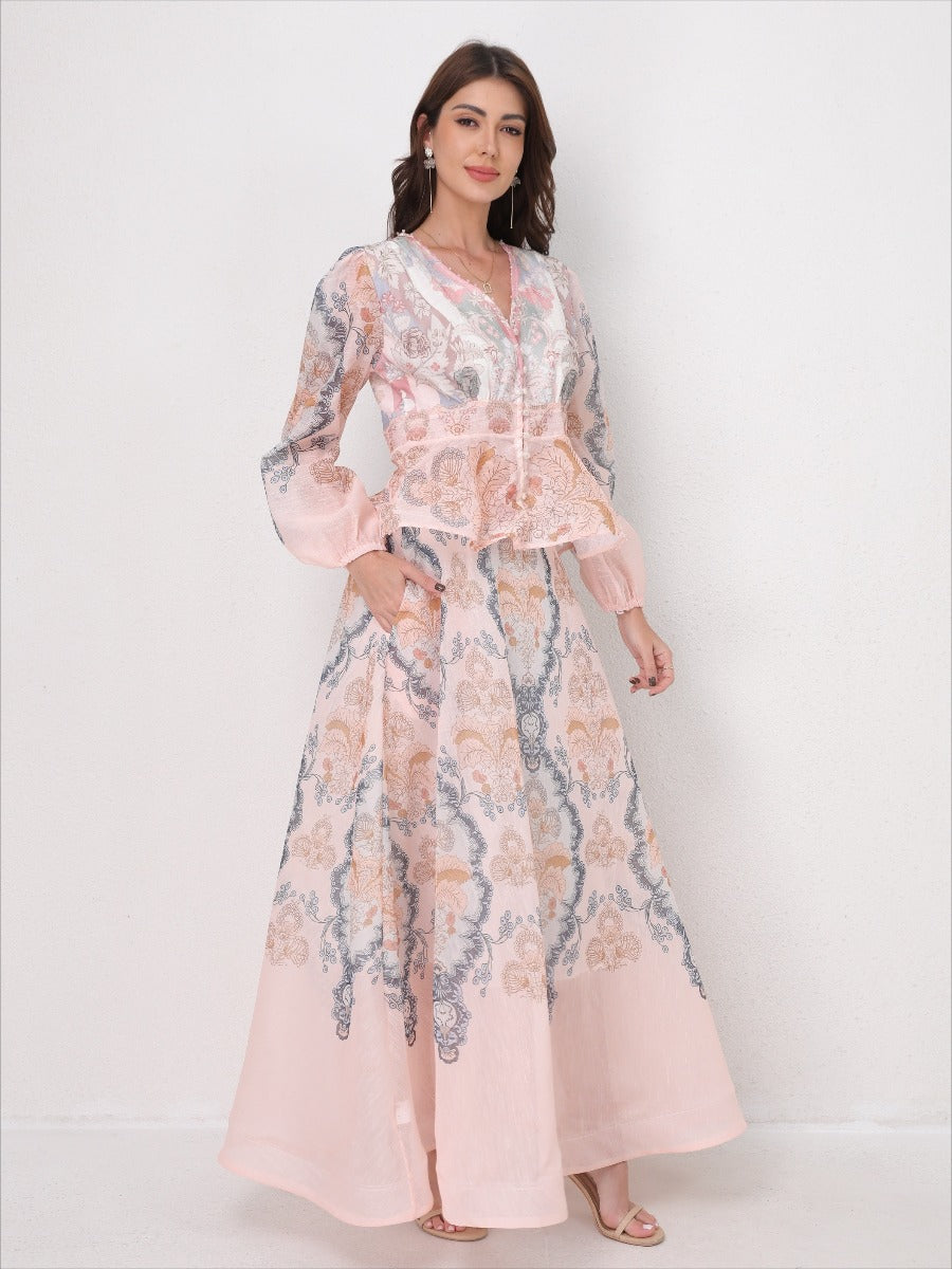 V-Neck Beaded Ruffle Top Midi Skirt Set