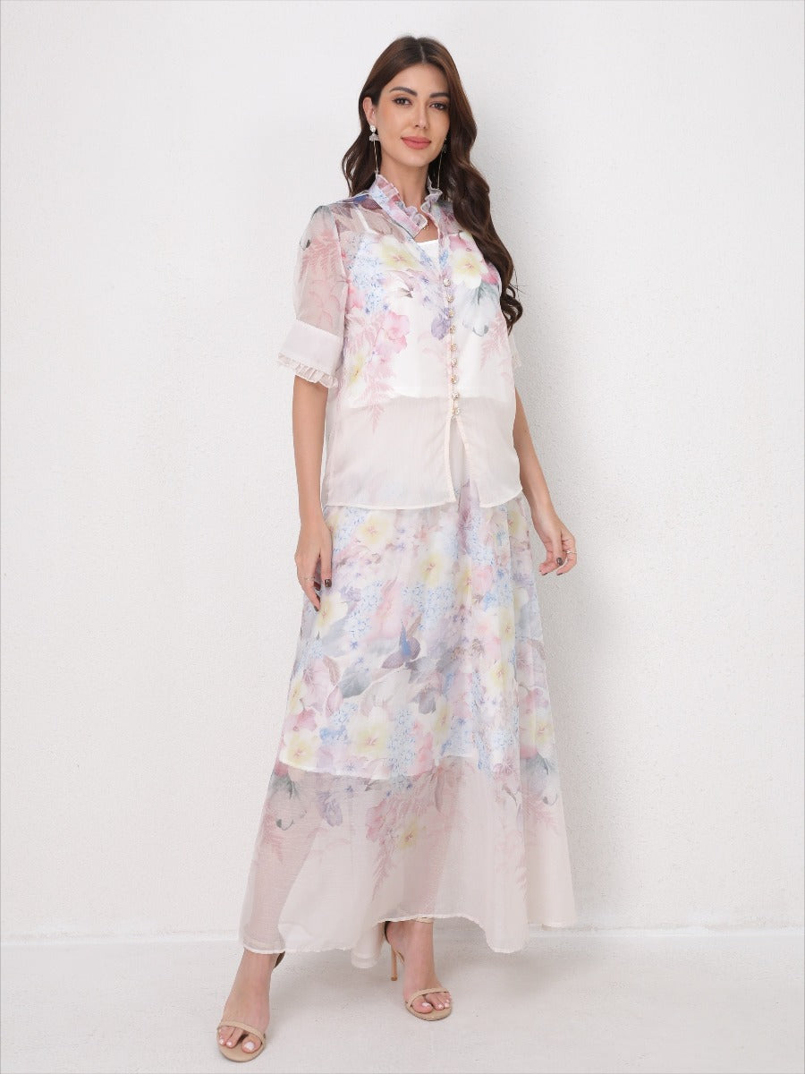 Lightweight Elegant Set Short Sleeve Blouse+Midi Skirt