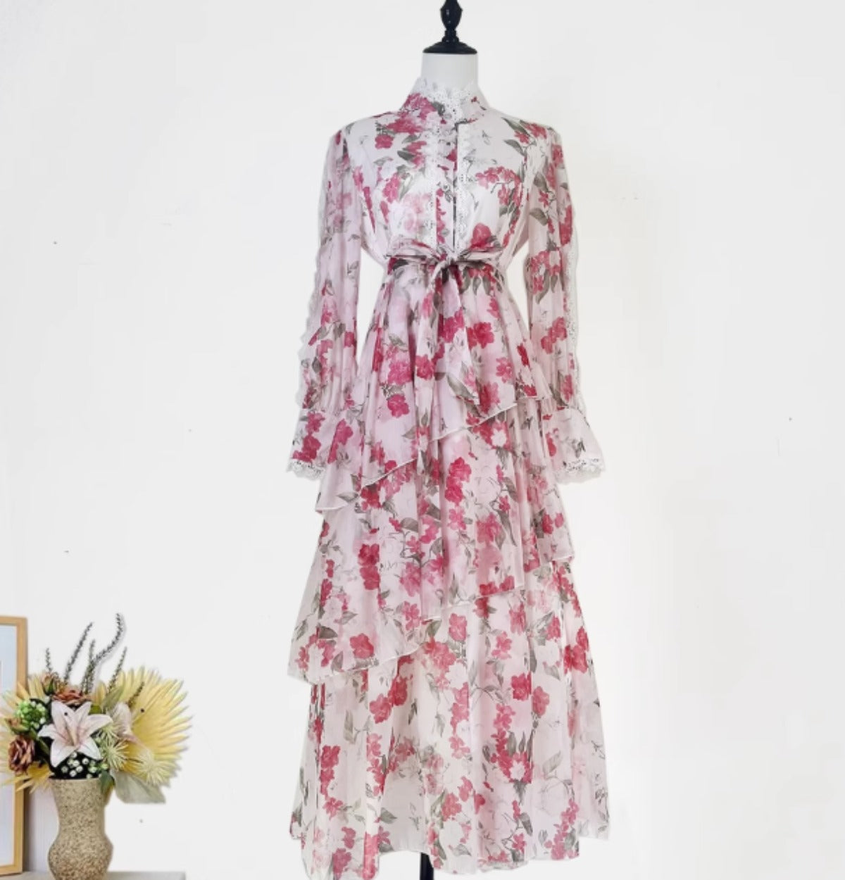Lace Patchwork Flower Print Cinching Mid Length Dress