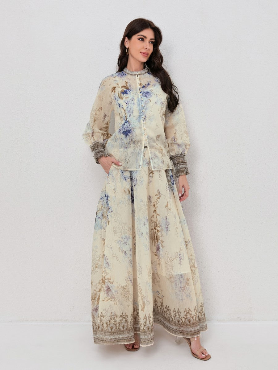 Floral Print Long Sleeve Shirt Matching Maxi Skirt Set