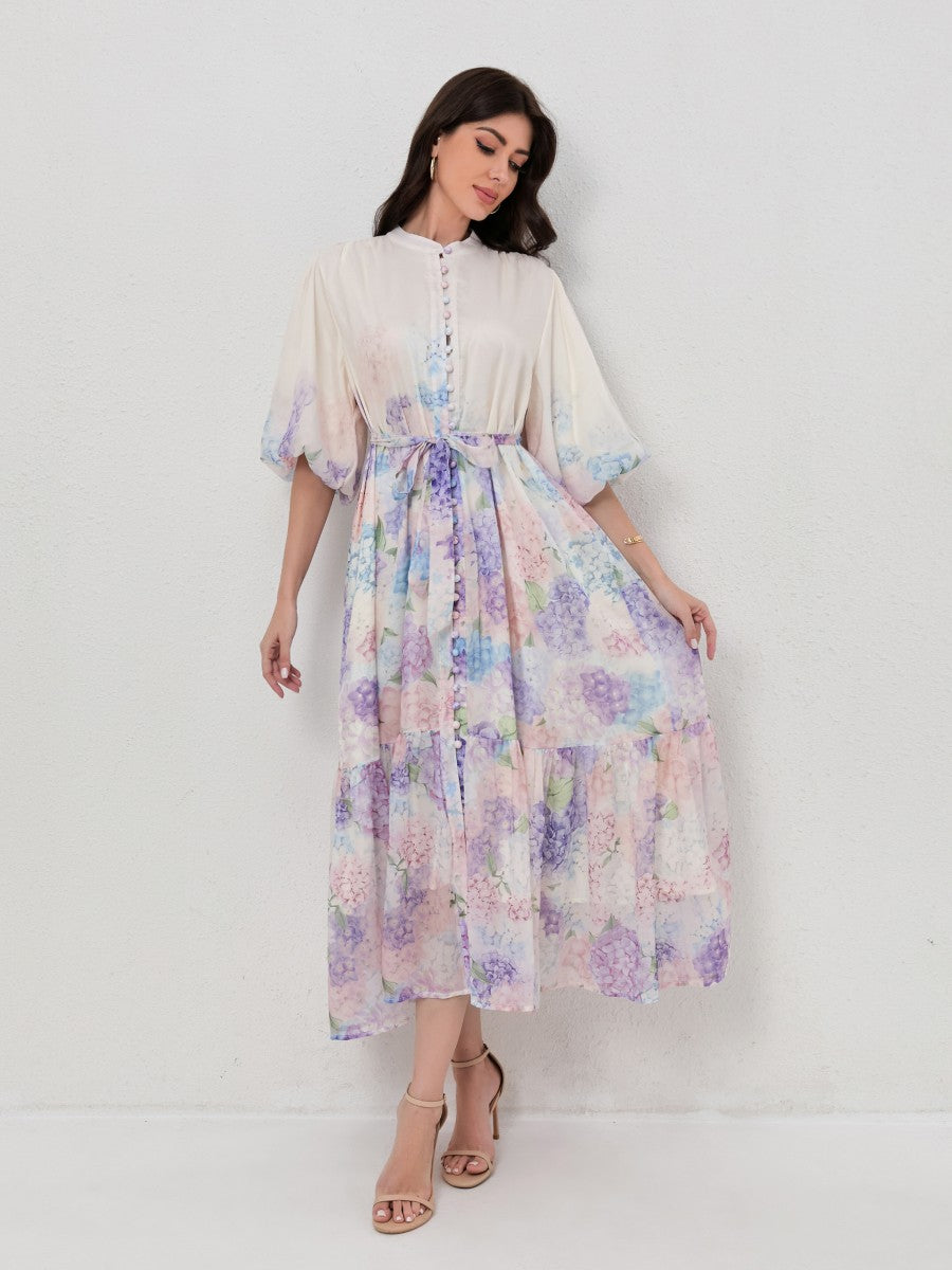 Slimming Puff Short Sleeve Print Dress