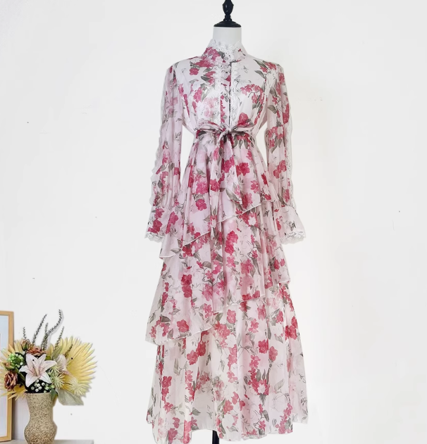 Lace Patchwork Flower Print Cinching Mid Length Dress