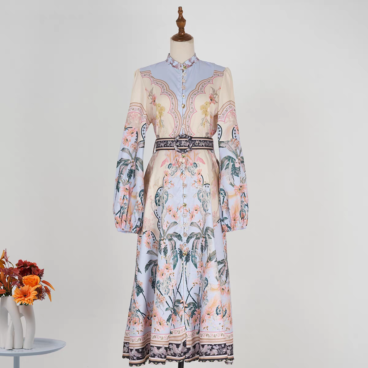 Print Beaded Flower Buttons Dress