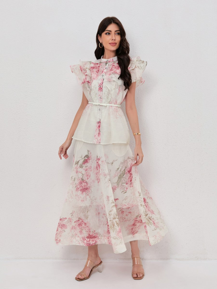 Stand Collar Blouse with Ruffled Sleeves Flowy Printed Skirt Set
