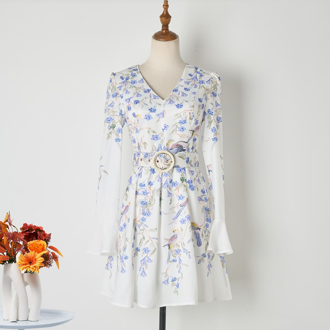 V-neck Flared Sleeve Floral Print Short Dress