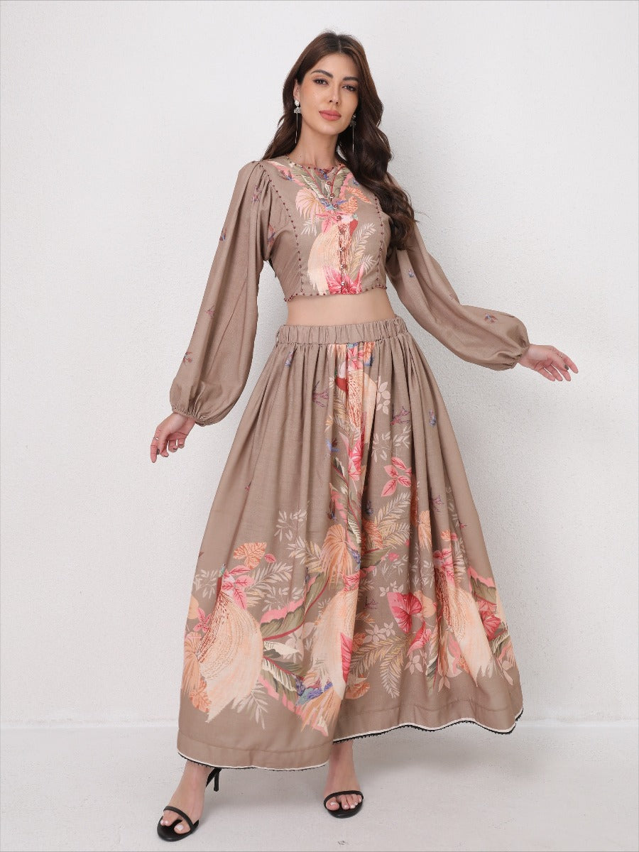 Vacation Floral Print Set Lantern Sleeve Shirt + Midi Skirt