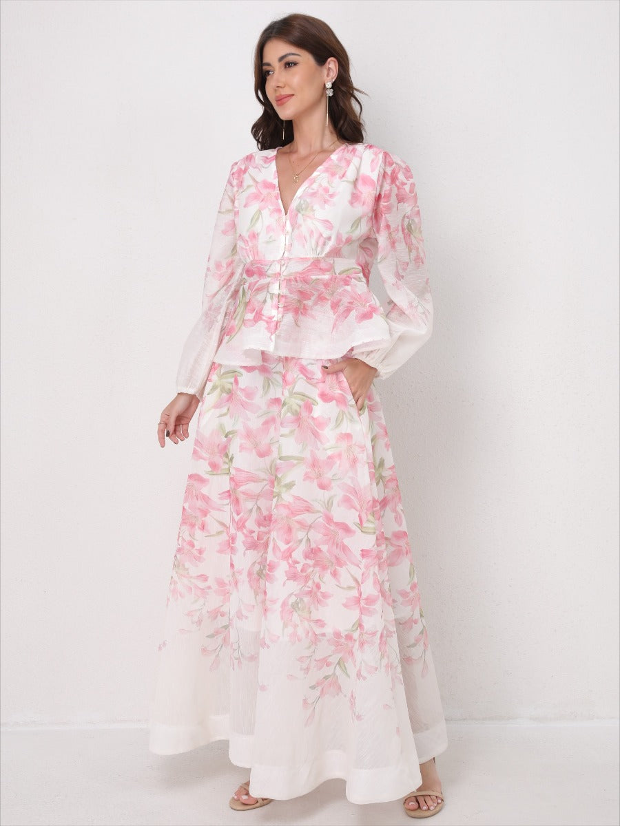 V-Neck Beaded Ruffle Top Midi Skirt Set