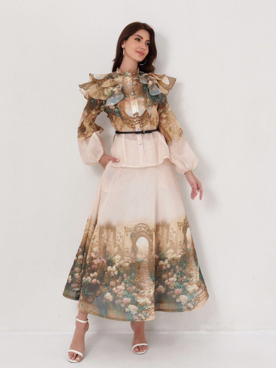 Printed Lantern Sleeve Blouse Puff Skirt Set