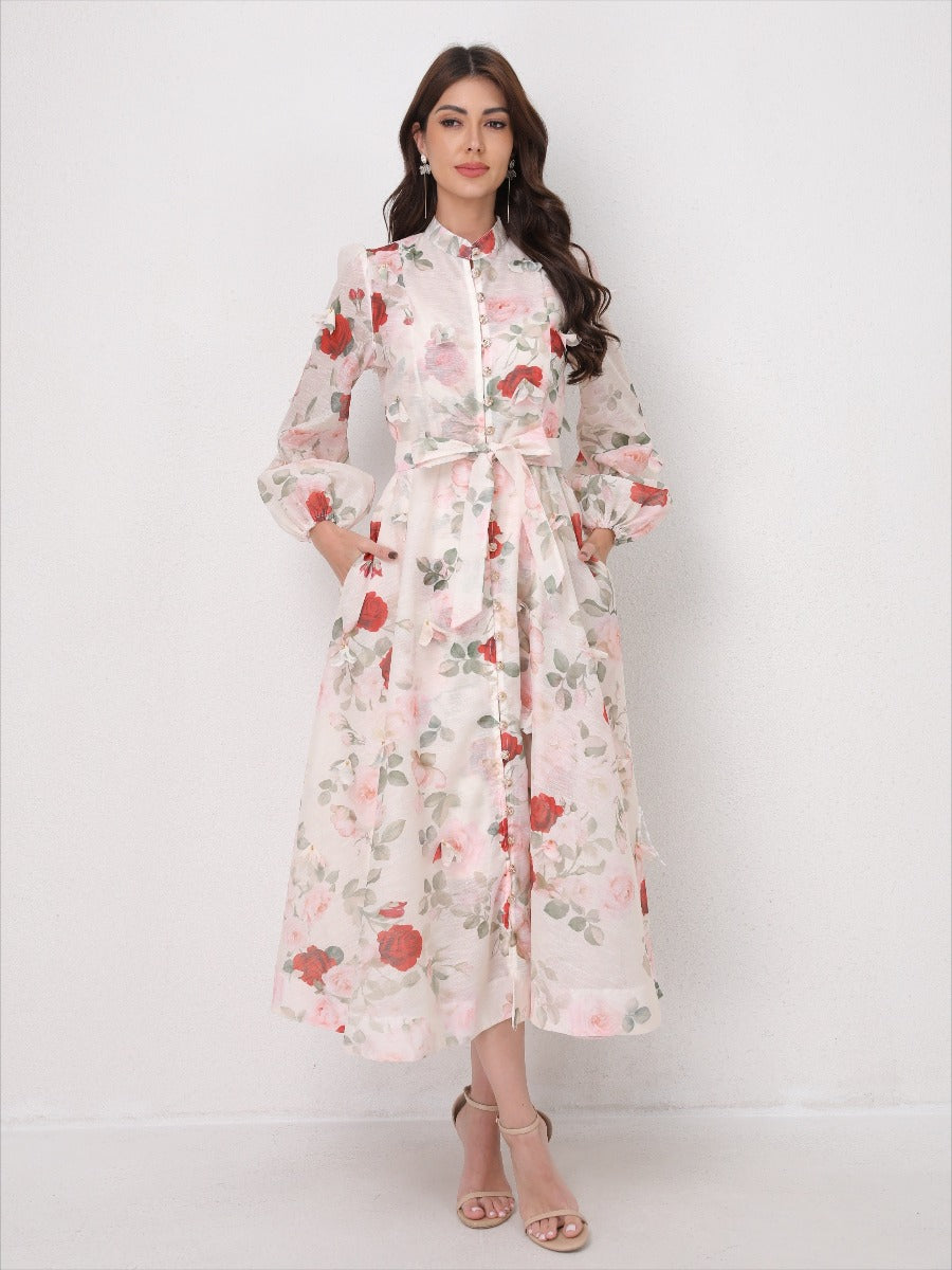 Single Breasted Long Sleeve Florals Maxi Dress