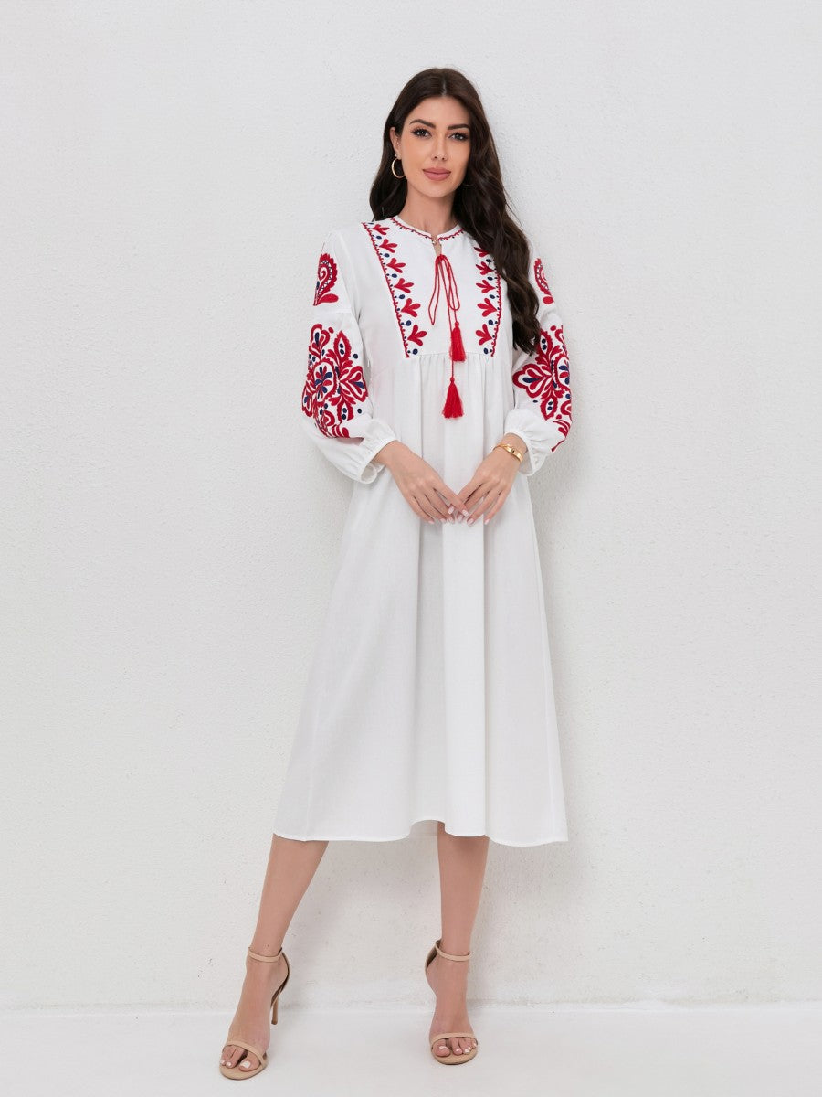 Bohemian Floral Embroidery Lantern Sleeve Dress