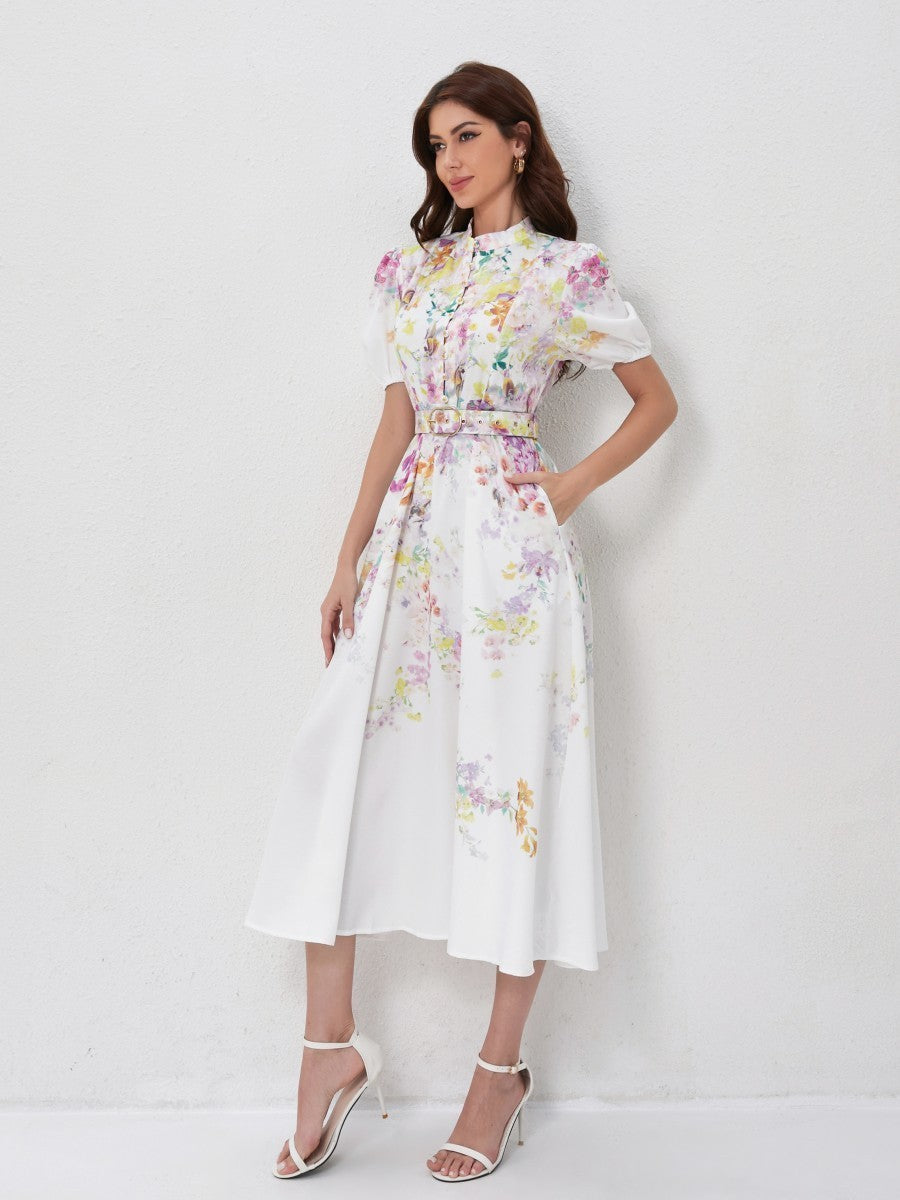 Stand Collar Lantern Sleeve Floral Prints Dresses