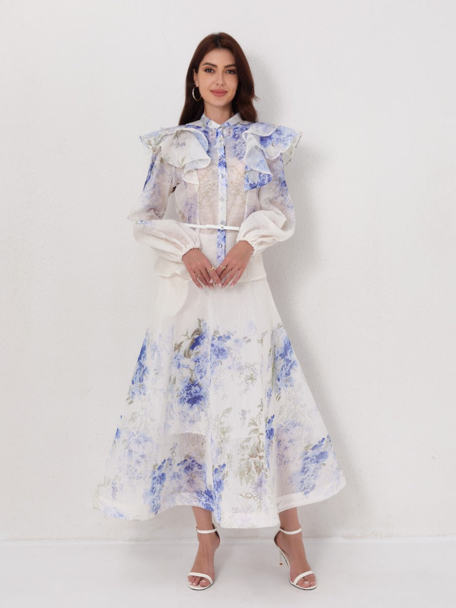 Ruffled Lantern Sleeve Blouse High-Waist Maxi Skirt Set