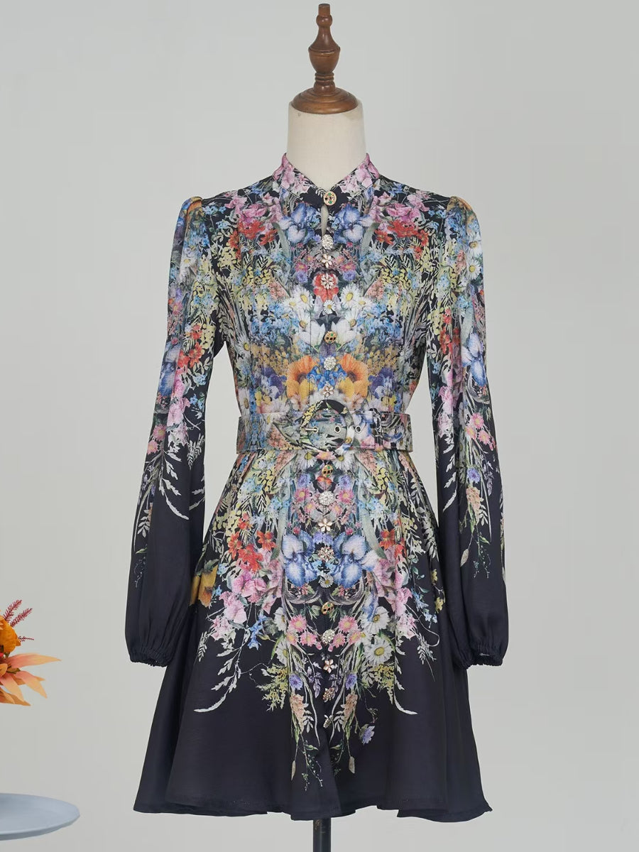 Single Row Exquisite Button Printed Short Dress