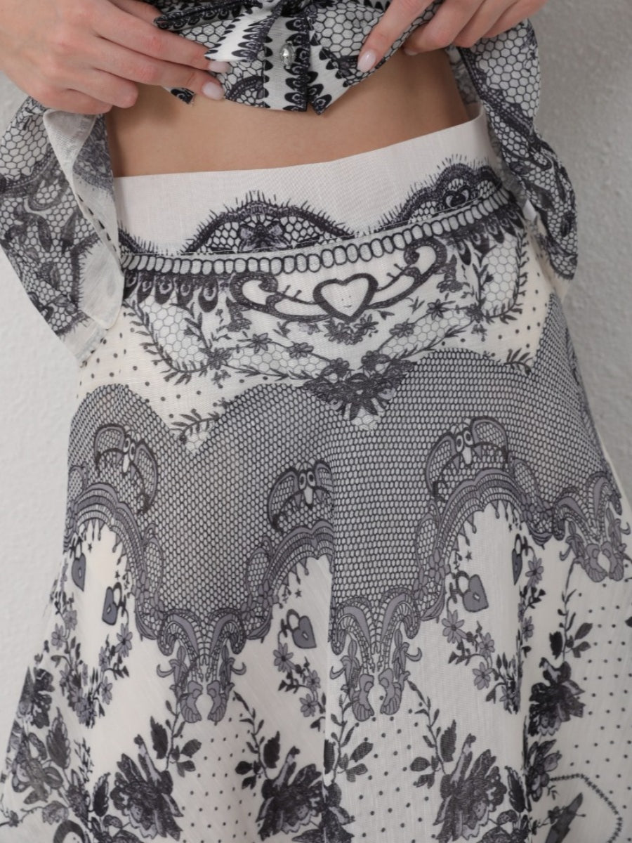 Ruffled Printed Shirt High Waist Skirt Set