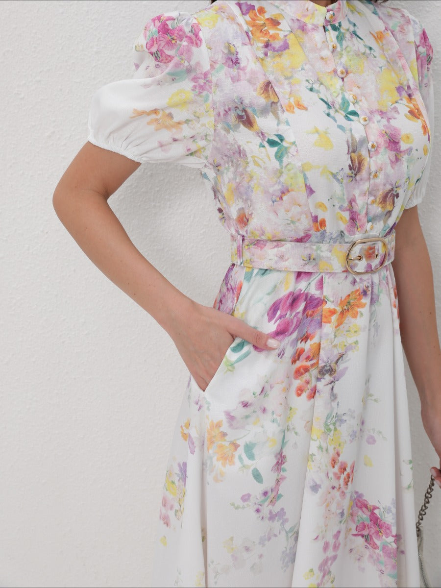 Stand Collar Lantern Sleeve Floral Prints Dresses