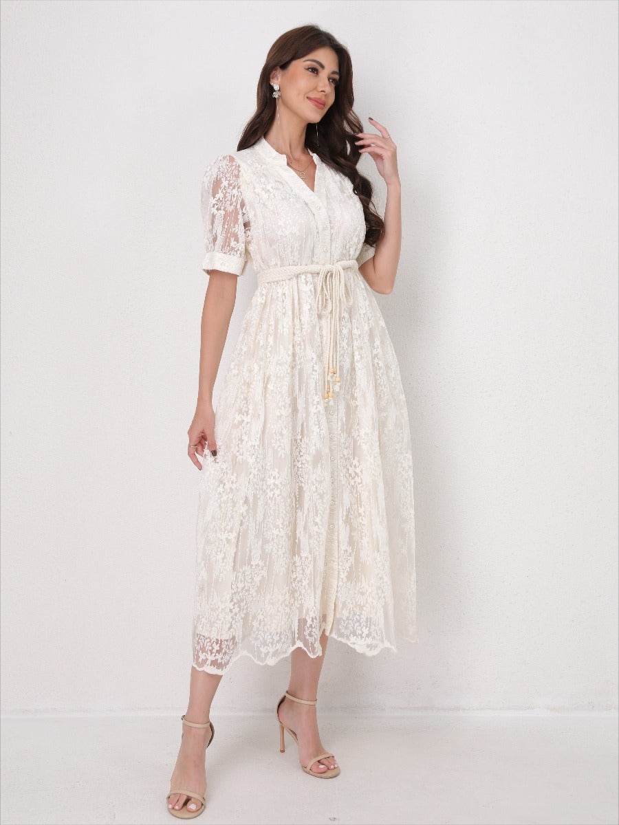 Summer Elegant V Neck Embroidery Dress