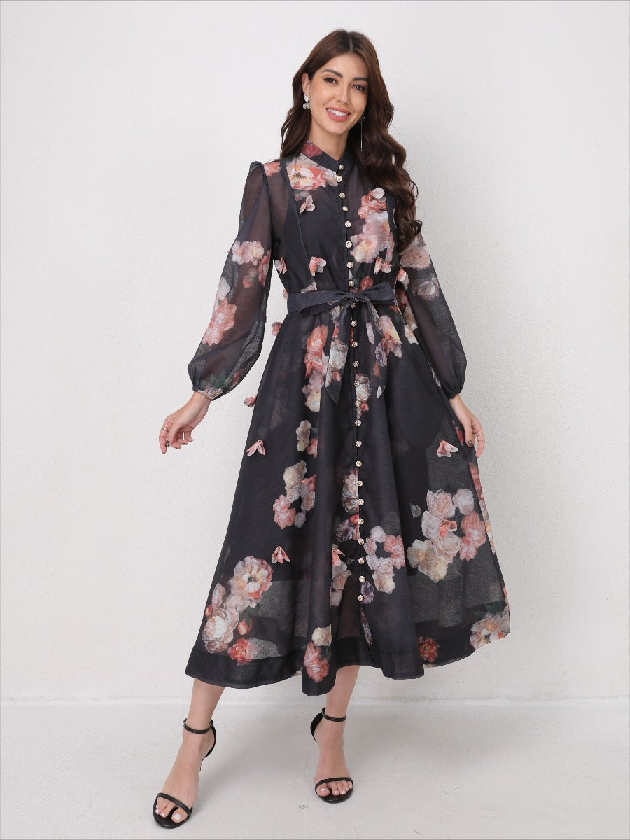 Single Breasted Long Sleeve Florals Maxi Dress