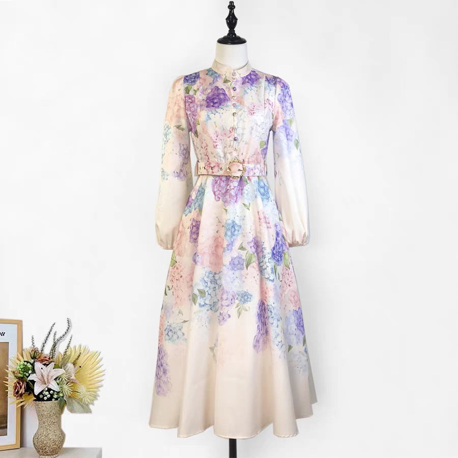 Stand Up Collar Lantern Sleeve Floral Print Dress