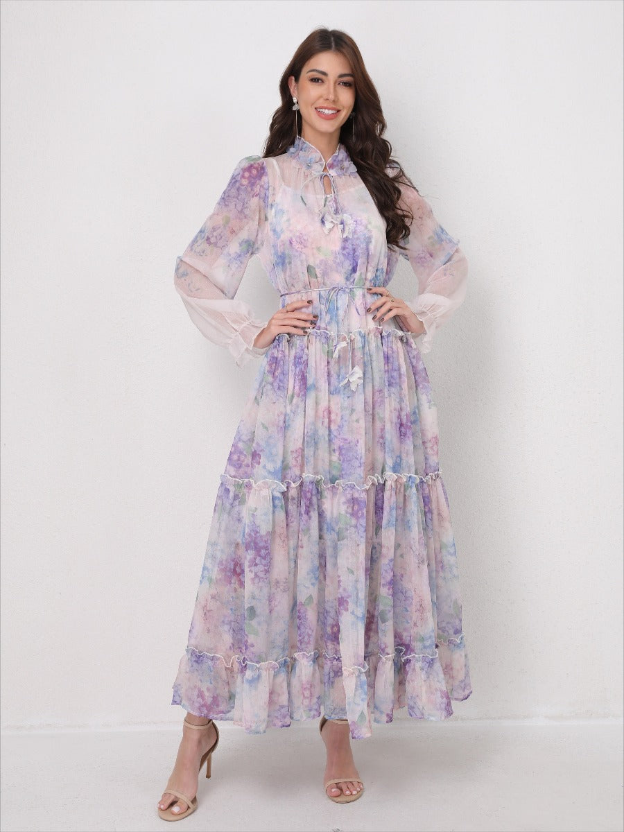 Tie-Waist Long Sleeve Flowy Maxi Dress