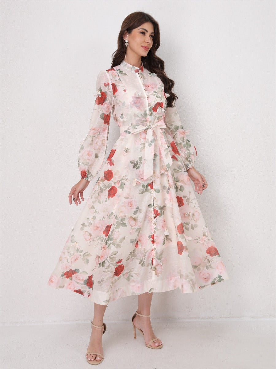 Single Breasted Long Sleeve Florals Maxi Dress