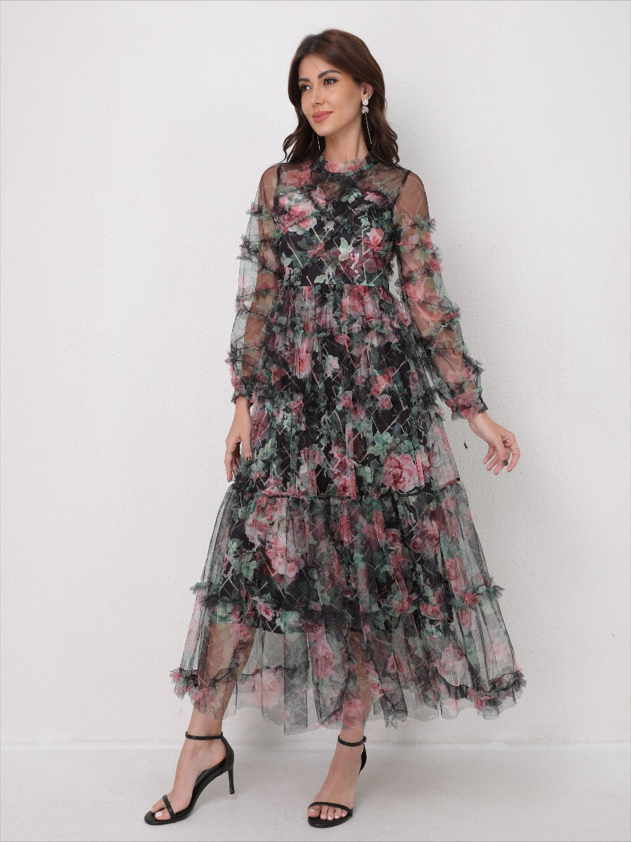 Romantic Tulle Print Ruffled Maxi Dress