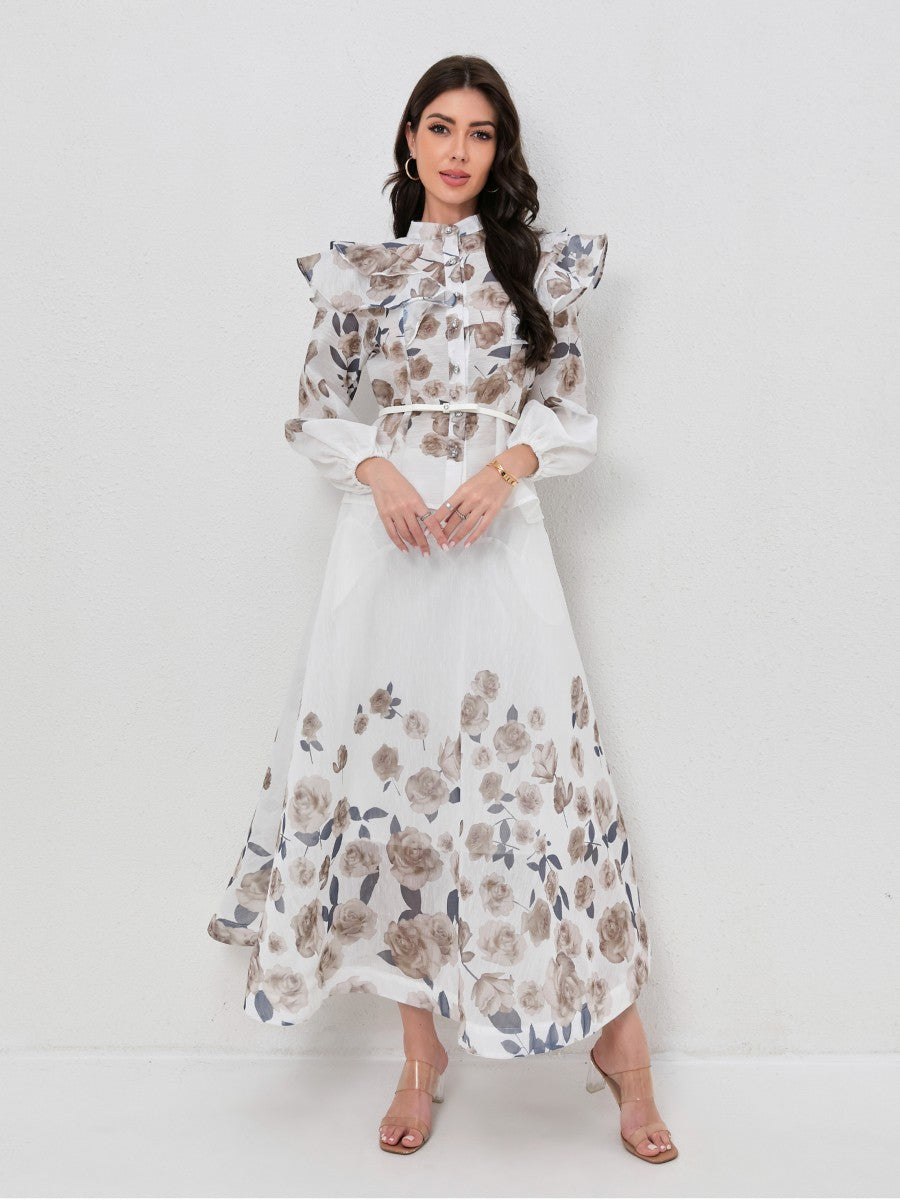 Ruffled Lantern Sleeve Print Blouse Maxi Skirt Set