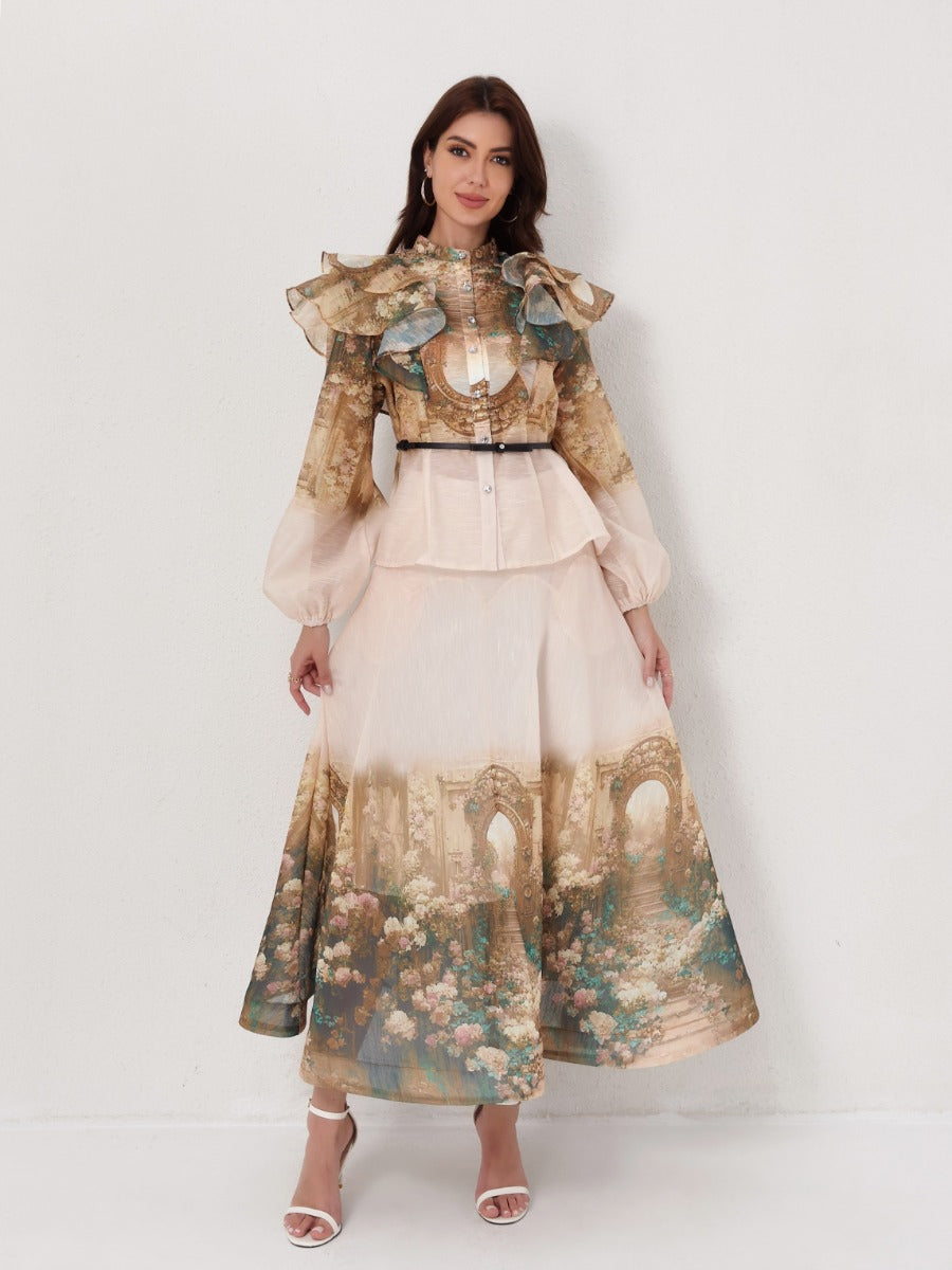 Printed Lantern Sleeve Blouse Puff Skirt Set